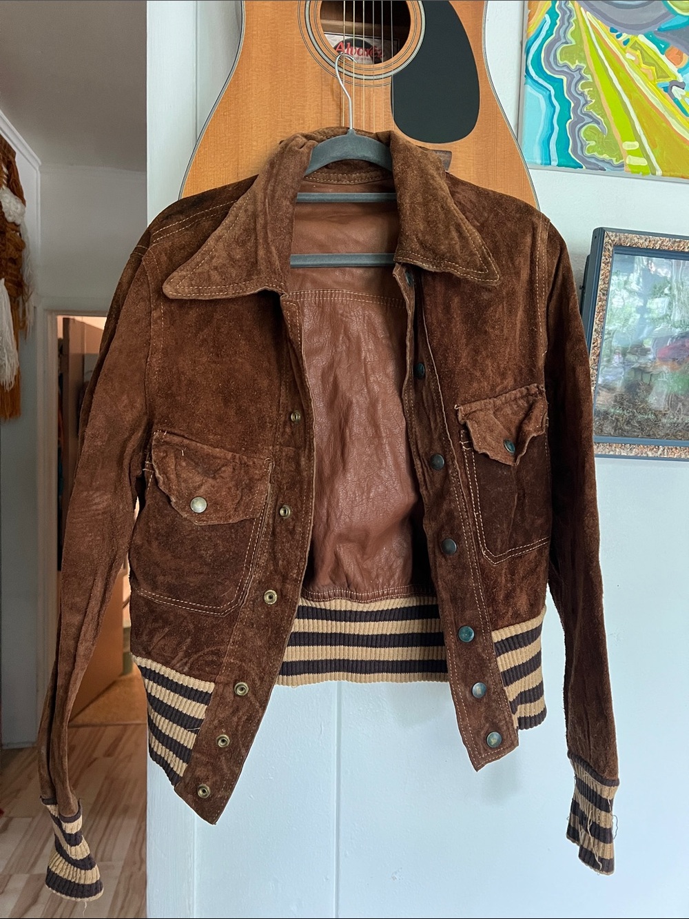 Brown Reversible Leather Suede Bomber Jacket Striped Knit Trim Woman Size Small - Picture 3 of 12